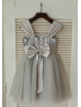 Silver Sequin Tulle Satin Sash Straps Big Bow Flower Girl Dress